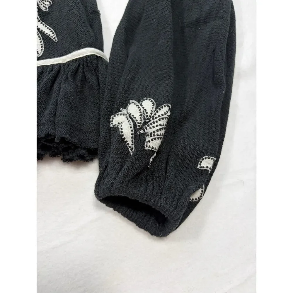 Free People Black Embroidered Tie Front Peplum Crop Top Small Boho Puff Sleeve